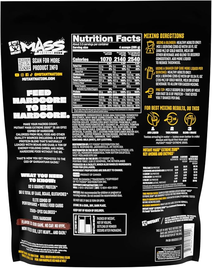 Mutant Mass Extreme 2500 – High Calorie Mass Gainer Whey Protein Powder for Muscle Building and Weight Gain – Clean Calories with Whole Food Carbs - Triple Chocolate 2.2 lb