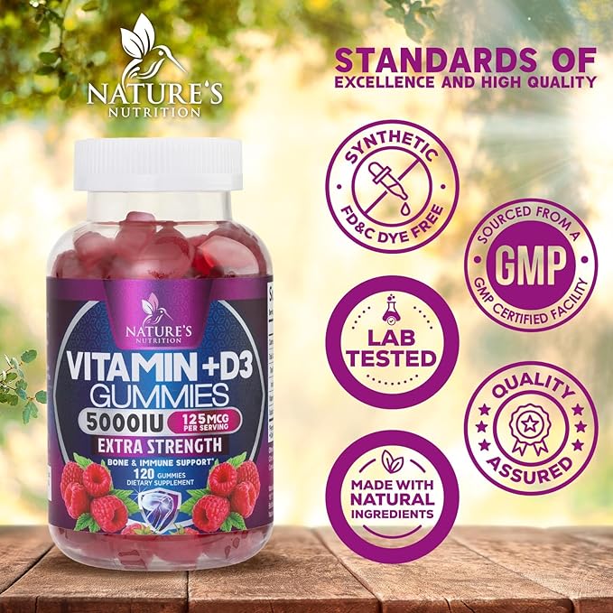 Vitamin D Supplement Gummy - Vitamin D3 125 mcg 5000 IU Per Serving - Bone, Teeth, Muscle and Immune Health Support for Men & Women, Premium VIT D3 Nature's & Gluten Free - 120 Gummies