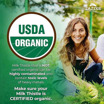 Zazzee USDA Organic Milk Thistle 30:1 Extract, 80% Silymarin, 90 Vegan Capsules, 3 Month Supply, Certified Kosher, High Potency Liver & Antioxidant Support, Silybum Marianum, Non-GMO, Made in the USA