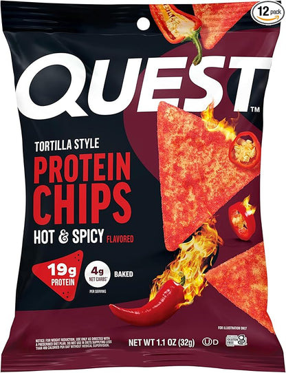 Quest Nutrition Tortilla Style Protein Chips, Hot & Spicy, 19g of Protein, 4g Net Carbs, High Protein, Gluten Free, 1.1 Ounce (Pack of 12)