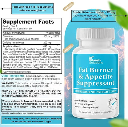 Fat Burner for Women & Men - Appetite Suppressant for Weight Loss - Pills w/Metabolism Booster Thermogenic Weight Loss Supplement - Includes Chromium & Green Tea Extract - 60 Capsules