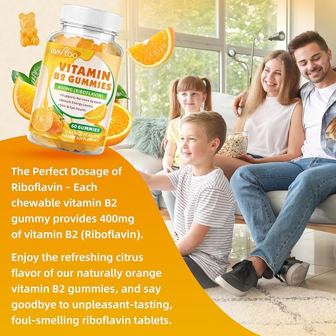 2 Pack Vitamin B2 Gummies - Riboflavin 400mg for Kids & Adults, Migraine Relief & Headache Relief, Vegan, Sugar-Free, Orange Flavor, 120 Gummies