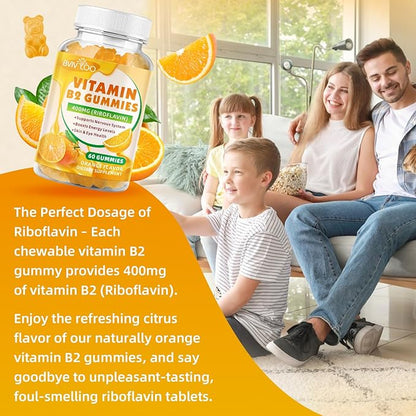 2 Pack Vitamin B2 Gummies - Riboflavin 400mg for Kids & Adults, Migraine Relief & Headache Relief, Vegan, Sugar-Free, Orange Flavor, 120 Gummies