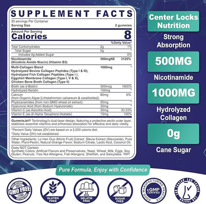 NEVISS Nicotinamide 500mg Gummies, Niacinamide Supplement with Collagen Peptides, (Flush Free Niacin) Vitamin B3 Niacinamide for Anti-Aging, NAD+ Levels, Longevity, Focus & Brain, Sugar Free, 60Cts
