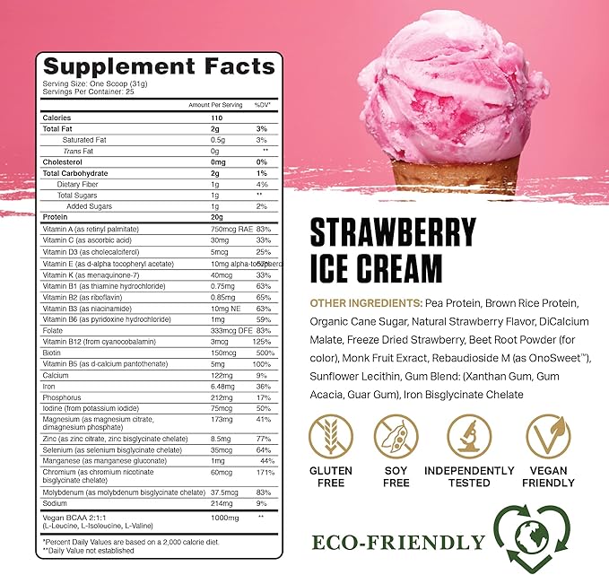 Ambrosia Planta - Plant-Based Protein Powder 20g | Dairy Free Vegan Protein Powder with BCAA Amino Acids | Keto-Friendly, No Added Sugar | 25 Servings | Strawberry Ice Cream