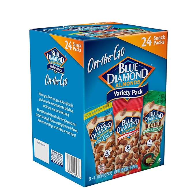 Blue Diamond Almonds Snack Nut Variety Pack for Kids, Office, School, On-the-go, 0.75 oz Gluten Free Individual Packs, Wasabi & Soy Sauce, Lightly Salted, and Smokehouse (Pack of 1,24 Count Total)