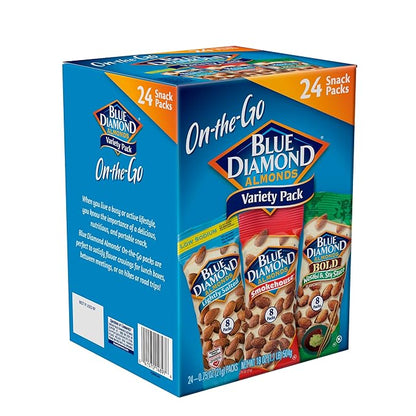 Blue Diamond Almonds Snack Nut Variety Pack for Kids, Office, School, On-the-go, 0.75 oz Gluten Free Individual Packs, Wasabi & Soy Sauce, Lightly Salted, and Smokehouse (Pack of 1,24 Count Total)
