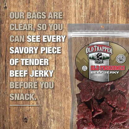 Old Trapper Beef Jerky, Old-Fashioned 8 Ounce Bag, Tender Meat Snacks for Lunches or Between Meals, 11 Grams of Protein, Zero Grams of Fat, and 70 Calories per Serving (Pack of One)