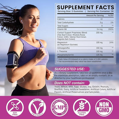 Cortisol Supplements for Women Men, Cortisol Gummies with Ashwagandha, Magnesium, L-Theanine, Phosphatidylserine, B6 for Cortisol Detox, Relaxation, Sleep, Focus, Sugar-Free, Vegan, 120