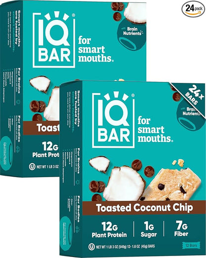 IQBAR Clean Plant Protein Bars - Toasted Coconut Chip - 24 Count - Keto, Vegan, High Fiber, Gluten and Dairy Free, Low Sugar Snack - Brain and Body Nutrients for Focus, Energy, Meal Replacement