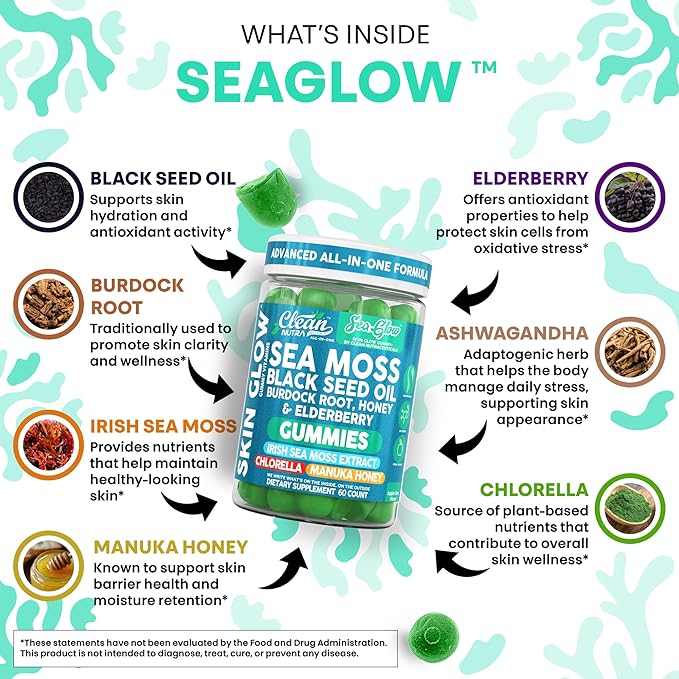 Clean Nutra Sea Moss Gummies Black Seed Oil Chlorella Ashwagandha Root Hair Growth Skin Glow Irish Sea Moss Elderberry Burdock Manuka Honey Trace Minerals Detox 60 Gummy Vitamins Sea Glow Supplement