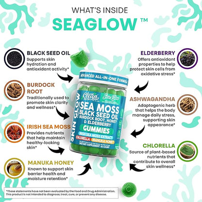 Clean Nutra Sea Moss Gummies Black Seed Oil Chlorella Ashwagandha Root Hair Growth Skin Glow Irish Sea Moss Elderberry Burdock Manuka Honey Trace Minerals Detox 60 Gummy Vitamins Sea Glow Supplement