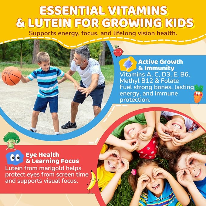 Kids Probiotic + Prebiotic Fiber Gummies 5G, 12 Billion CFU Probiotic & Veggie Fruit Fiber, w/ Organic Inulin, Methyl B12 B6 D3 C, Lutein for Children's Digestive & Gut, Immune Health, Sugar Free,60Ct