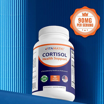 Vitamatic Cortisol Health Support - 90 Veggie Capsules - Made with Adaptogenic Blend with Ashwagandha, Rhodiola, Magnolia, L-Theanine, Phosphatidylserine (Pack of 2)