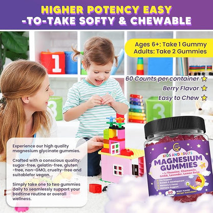 Magnesium Glycinate Gummies 400/200mg for Kids & Adults, NO Melatonin Sleep Aid Magnesium Supplement Gummies with Chamomile, Lavender, L-Theanine & GABA, B6, D3 & K2 for Bone, Relax, Immune Support