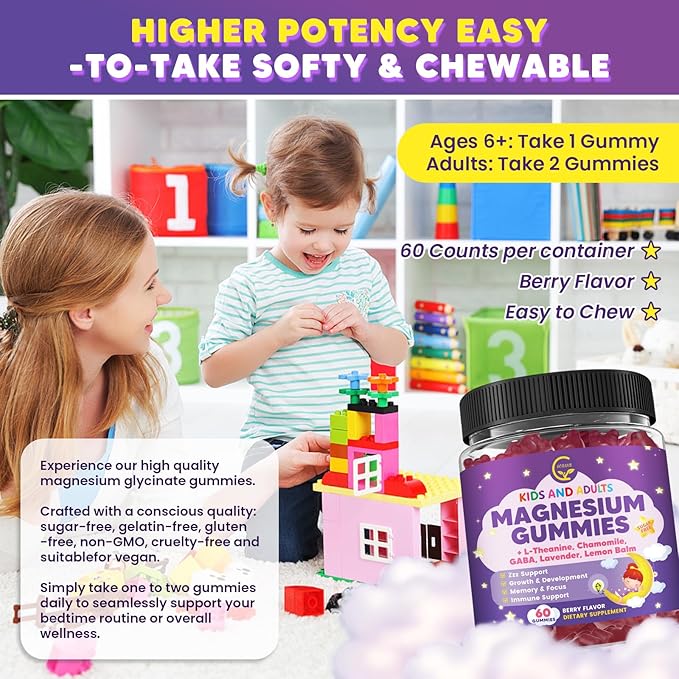 (2 Pack) Magnesium Glycinate Gummies for Kids & Adults, Sugar Free Magnesium Glycinate 400/200mg Supplement with Chamomile, Lavender, L-Theanine & GABA, B6, D3 & K2 for Relax, Brain, Immune Support