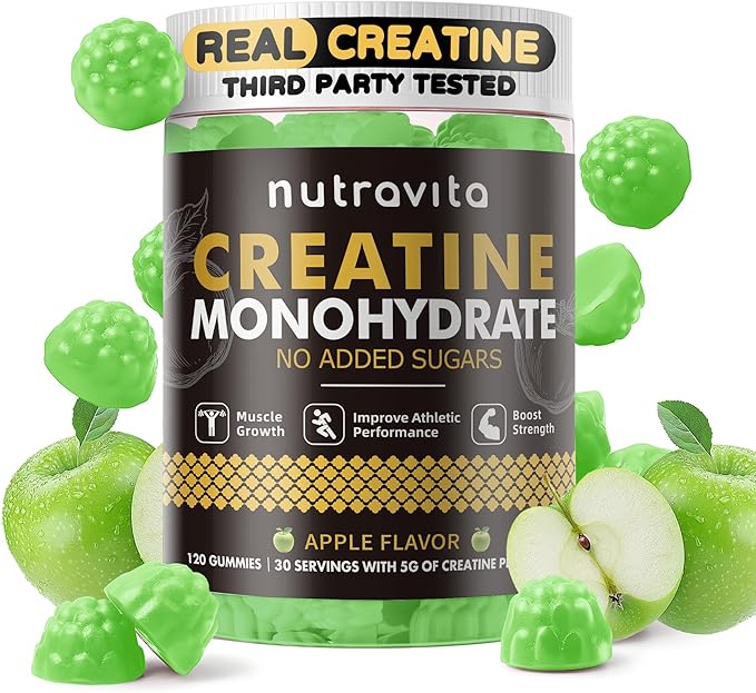 Nutravita NSF Certified Creatine Gummy - Creatine Monohydrate Gummies for Men & Women-5g of Creatine Monohydrate per Serving - Sugar Free,Vegan, Apple Flavor, 120 Count