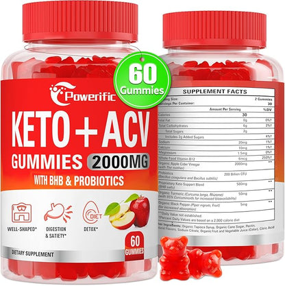 Apple Cider Vinegar Gummies, Keto ACV Gummies Max Strength 2000mg Apple Cider Vinegar with Mother, Probiotics & Vitamin B12, for Digestion, Metabolism, Cleanse & Detox Diet, 60 Count