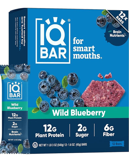 IQBAR Clean Plant Protein Bars - Wild Blueberry - 12 Count - Keto, Vegan, High Fiber, Gluten and Dairy Free, Low Sugar Snack - Brain and Body Nutrients for Focus, Energy, Meal Replacement