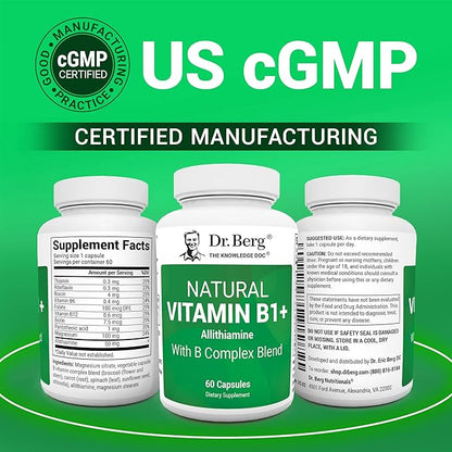 Dr. Berg Natural Vitamin B1 B6 B12 Complex - Allithiamine Vitamin B1 Supplement with 8 Essential Vitamin B Complex for Men & Women Including Thiamin, Niacin, Folate, Magnesium & More - 60 Capsules