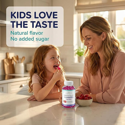 Sugar Free Magnesium Gummies for Kids - Chewable Kids Magnesium Supplement, Calm & Sleep Support, Anti-Stress, Bone Health, Muscle Relaxation, Non-GMO Gluten-Free, Natural Great Taste 90 Vegan Gummies