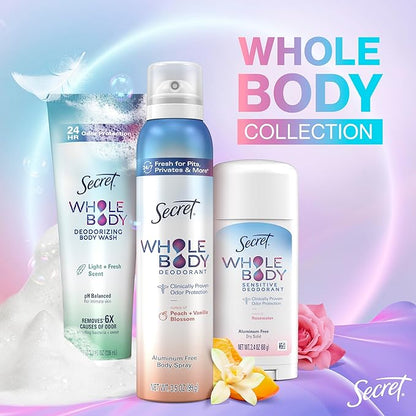 Secret Whole Body Feminine Wash + Deodorant Spray Bundle for Women, Peach + Vanilla Blossom Scent, Aluminum Free, Odor Protection, 8.0 oz & 3.5 oz (Pack of 2)