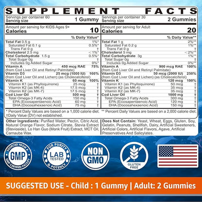 Cod Liver Oil Gummies 1000mg for Kids & Adults - w/Omega 3 (EPA & DHA), Vitamins A, D3 & K2 - Cod Liver Oil Omega 3 Gummies for Immune, Brain & Cognitive Support, Sugar-Free, Orange Flavor, 60Cts