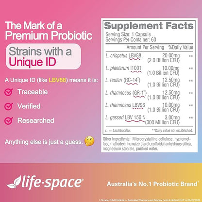 Life-Space Probiotic for Women, 2 Month Serving, Support Healthy Vaginal Microflora & Comfort, Daily Supplement for Women, pH Balance with Lactobacillus rhamnosus, 6.3 Billion CFU & 6 Strains, 60 ct