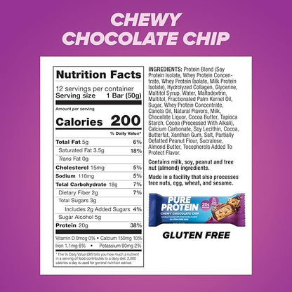 Pure Protein Chewy Chocolate Chip Protein Bars – 20g Protein, 3g Sugar, 190 Calories (12 count) Low Sugar* High Protein Snack - Gluten Free - Perfect for a Healthy Snack