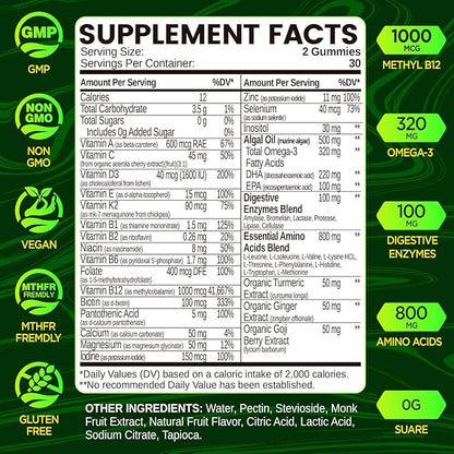 Methylated Multivitamin for Men Gummies, Men`s Multivitamins Gummies with Vitamin B Complex, A, C ,D3, E, K2, Calcium, Magnesium, Omega-3, Energy & Immune, Vegan, 50 Plus, Sugar Free, 60 Count