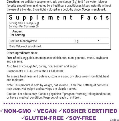 BlueBonnet Nutrition Micronized Creatine Monohydrate 5 g – Supports Lean Muscle Mass* - Non-GMO, Vegan, Kosher Certified, Gluten-Free, Soy-Free, Milk-Free – Unflavored, 10.58 OZ, 60 Servings