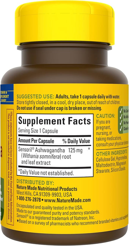 Nature Made Ashwagandha Capsules 125mg for Stress Support, Ashwagandha Supplements, 60 Capsules, 60 Day Supply