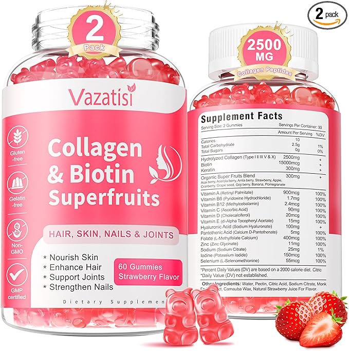 2 Pack Sugar Free Collagen Gummies for Women Men, Multi Collagen Peptides Gummies Type I II III V X with Biotin Vitamin A B C D E for Hair Skin Nails, Strawberry Flavor, 120 Count