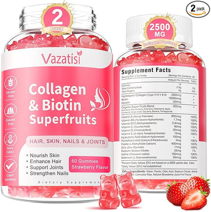 2 Pack Sugar Free Collagen Gummies for Women Men, Multi Collagen Peptides Gummies Type I II III V X with Biotin Vitamin A B C D E for Hair Skin Nails, Strawberry Flavor, 120 Count