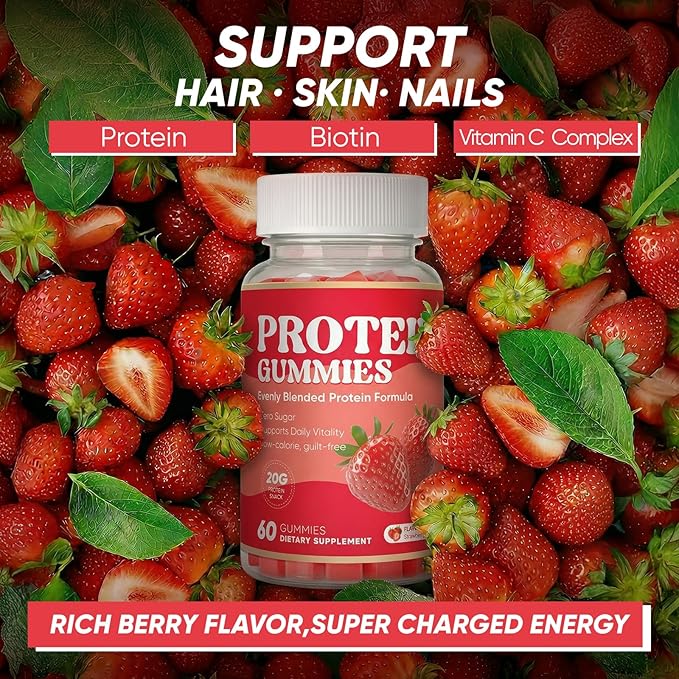 Protein Gummies, 144g Protein Per Bottle, Zero Sugar, Supports Daily Vitality, Low-Calorie, Guilt-Free, Strawberry Flavor, 60 Gummies