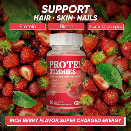 Protein Gummies, 144g Protein Per Bottle, Zero Sugar, Supports Daily Vitality, Low-Calorie, Guilt-Free, Strawberry Flavor, 60 Gummies