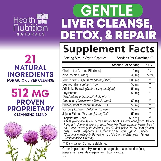 Gentle Liver Cleanse Detox & Repair Formula - Advanced Liver Support Supplement with Silymarin Milk Thistle, Dandelion Root, Artichoke Extract, Turmeric, Choline, & Beetroot - 180 Veggie Capsules