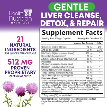 Gentle Liver Cleanse Detox & Repair Formula - Advanced Liver Support Supplement with Silymarin Milk Thistle, Dandelion Root, Artichoke Extract, Turmeric, Choline, & Beetroot - 180 Veggie Capsules