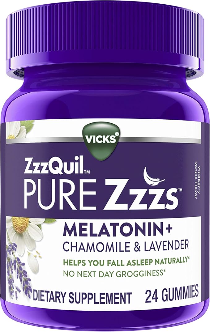 ZzzQuil Pure Zzzs, Melatonin Sleep Aid Gummies with Lavender, Valerian Root and Chamomile, Natural Wildberry Vanilla Flavor, Non-Habit Forming, Drug-Free, 24 Gummies (Pack of 2)
