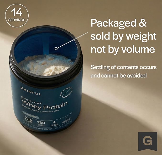Gainful Lean Whey Protein Powder with 20g Protein per Serving, Unflavored, Supports Lean Muscle, Metabolism, and Satiety, with Green Tea Extract, Digestive Enzymes, Organic Fiber, 14 Servings