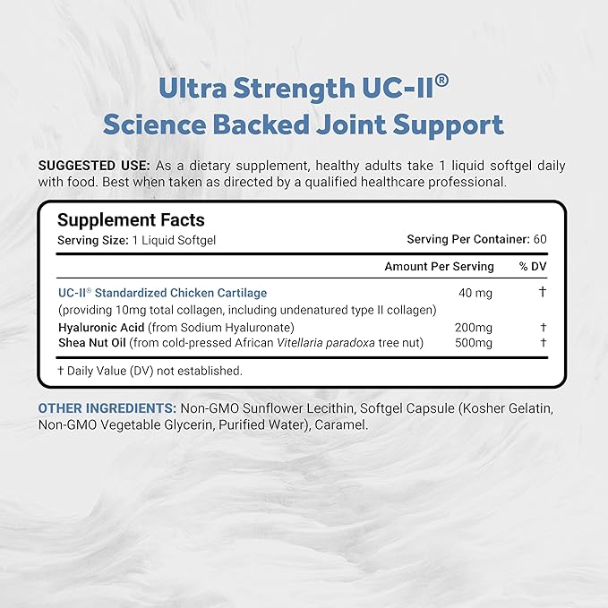Naturalis UC-II 40 mg with Hyaluronic Acid and Shea Nut Oil | Enhanced Undenatured Type II Collagen for Better Joint Health, Mobility & Flexibility | Gluten-Free & Non-GMO | 60 Softgels