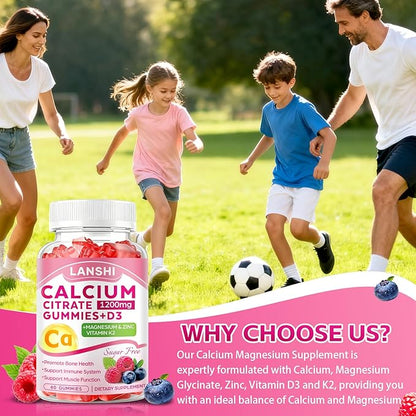 Calcium Citrate Gummies 1200mg with Vitamin D3 & K2 Supplements for Women & Men, High Absorption Calcium Gummies Plus Magnesium, Zinc for Strong Bones & Immune Support Mixed Berry Flavor, 2 Pack