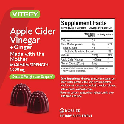 Viteey Apple Cider Vinegar Gummies and Ginger – 1000 mg ACV Gummies for Weight Loss, Detox and Digestion – Vegan, Gluten-Free – 60 Count