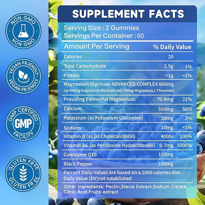 Magnesium Glycinate Gummies 600mg, Sugar Free Magnesium Potassium Supplement for Adults with Magnesium L-Threonate, Vitamin D, B6,and CoQ10 for Sleep, Body Support and Relaxation,120 Count