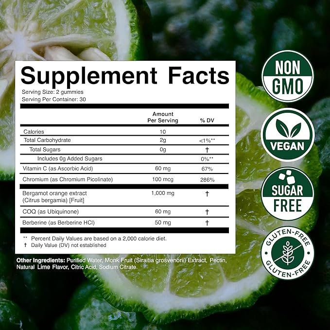 Citrus Bergamot 1000MG Gummies for Women and Men, Citrus Bergamot Extract with Berberine, CoQ10, Chromium & Vitamin C, Metabolic & Antioxidant Support, Sugar Free, Vegan, Lime Flavor, 60 Gummies