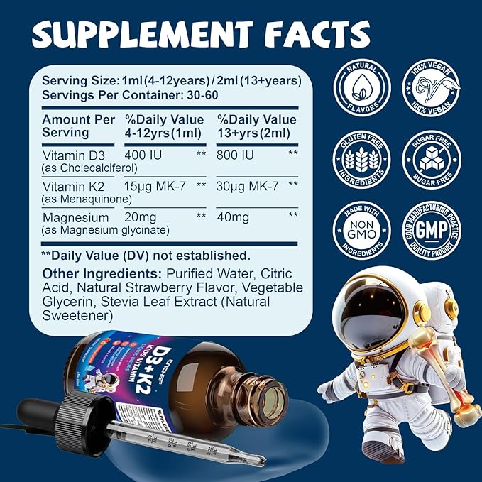 Vitamin D3 K2 Drops for Kids - Liquid Supplement with Magnesium for Calcium Absorption, Joint Health, Teeth & Heart - Non-GMO, Vegan, Strawberry, 2 Fl Oz - Kids Ages 4+