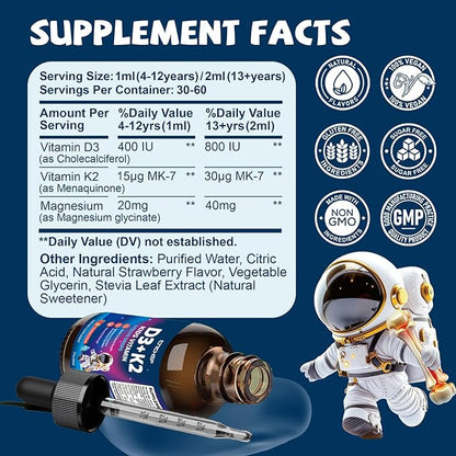 Vitamin D3 K2 Drops for Kids - Liquid Supplement with Magnesium for Calcium Absorption, Joint Health, Teeth & Heart - Non-GMO, Vegan, Strawberry, 2 Fl Oz - Kids Ages 4+