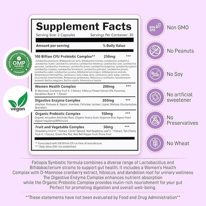 Probiotics for Women with Prebiotic Cranberry d Mannose Digestive Enzymes & Hibiscus 34 Strains 100 Billion CFU Feminine Care Supplement for Vaginal Gut Urinary Health and pH Balance Support