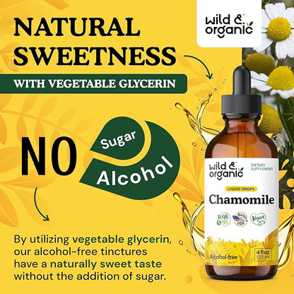 Wild & Organic Chamomile Flowers Drops - Add to Tea for Relaxation Support - 500 mg Chamomile Extract Liquid Drops - Calming Herbal Supplement - 56-Day Supply - Vegan, Sugar & Alcohol-Free - 4 fl oz