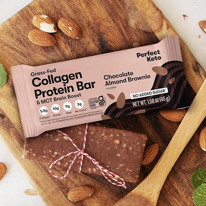 Perfect Keto Bars - The Cleanest Keto Snacks with Collagen and MCT. No Added Sugar, Keto Diet Friendly - 3g Net Carbs, 19g Fat, 10g protein - Diet Food Dessert (Almond Butter Brownie, 12 Bars)